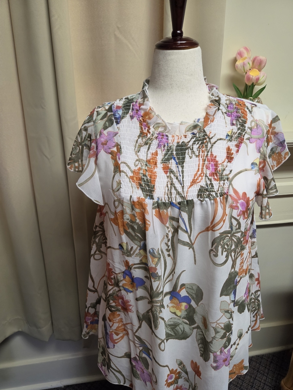 Kate & Mallory Floral Smocked Ruffle Sleeve Top - White Multi Size XL